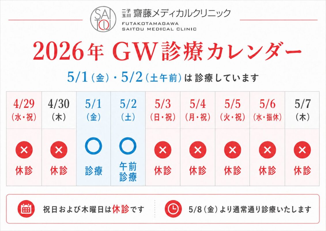 二子玉川の内科クリニック、二子玉川齋藤メディカルクリニックの2026年ゴールデンウィーク診療カレンダー。5月1日（金）と5月2日（土午前）は診療、祝日および木曜日は休診です。