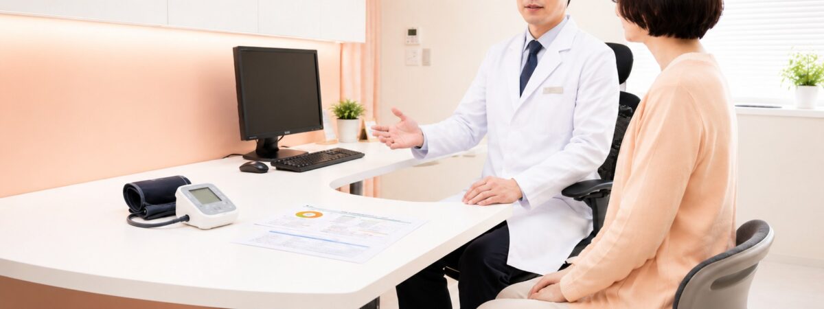 二子玉川の内科で生活習慣病について健診結果をもとに相談する診察室のイメージ