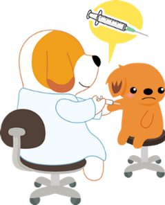 犬の医師が子犬に予防接種をしているイラスト